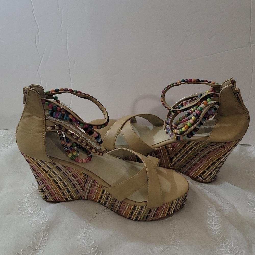 Getmorebeauty Women's Wedge Ankle Beaded Sandals Size 9 US EU Size 40